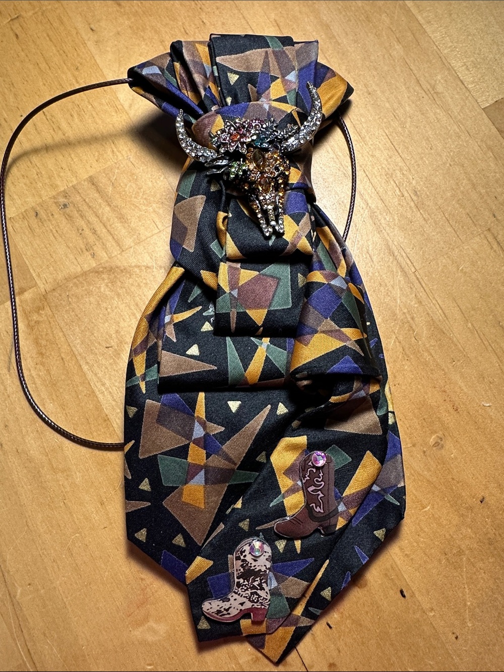 Mulberry Geometric Black Multicolor Thai Silk Necklace Tie Hand Sown